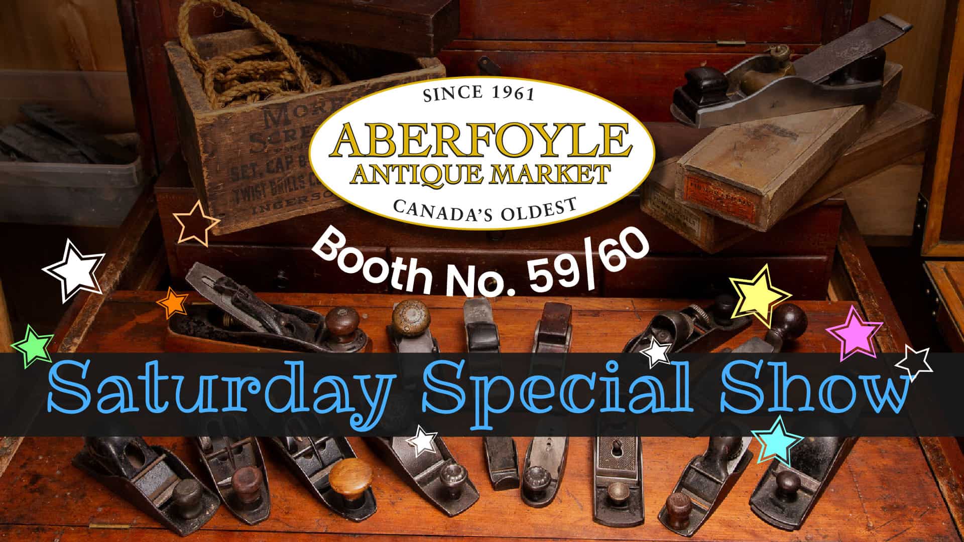 Antique hand planers and the logo of the Aberfoyle Antique Market.