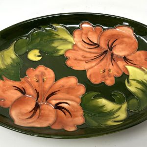 Moorcroft Hibiscus on Green Oval Tray